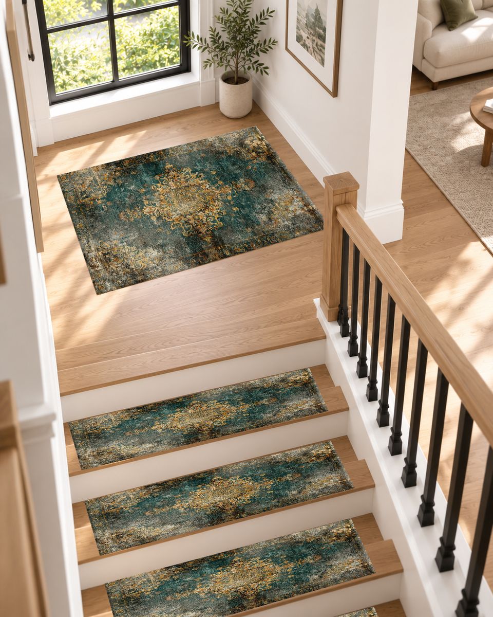 Emerald and Gold Distressed Medallion non-slip stair mat