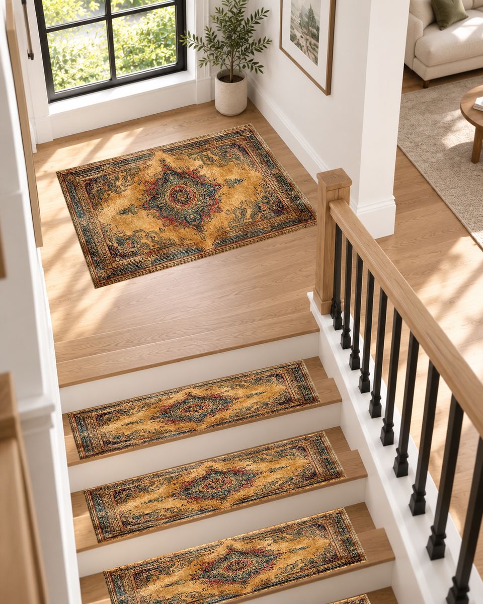 Mustard and Rust Vintage Medallion non-slip stair mat