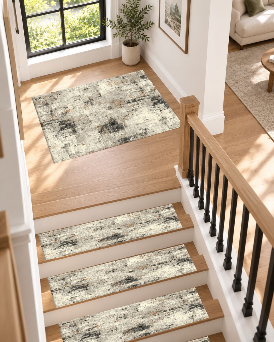 Gray and White Abstract Distressed non-slip stair mat