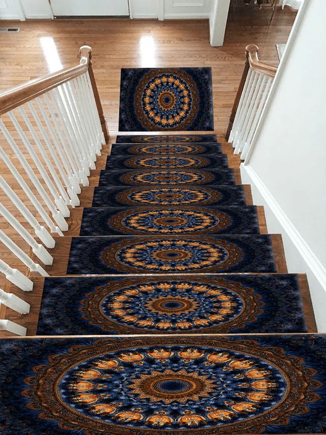Navy and Gold Concentric Mandala non-slip stair mat