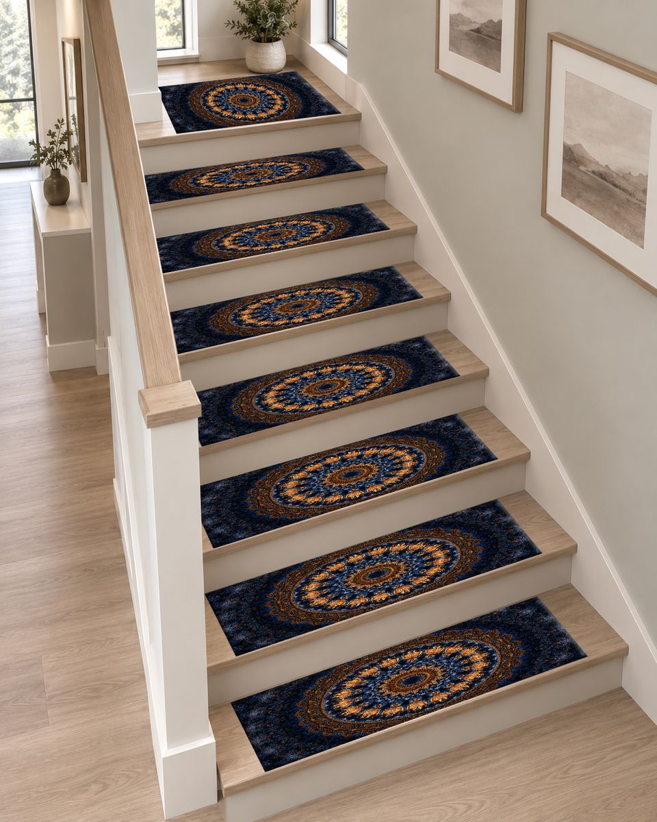Navy and Gold Concentric Mandala non-slip stair mat