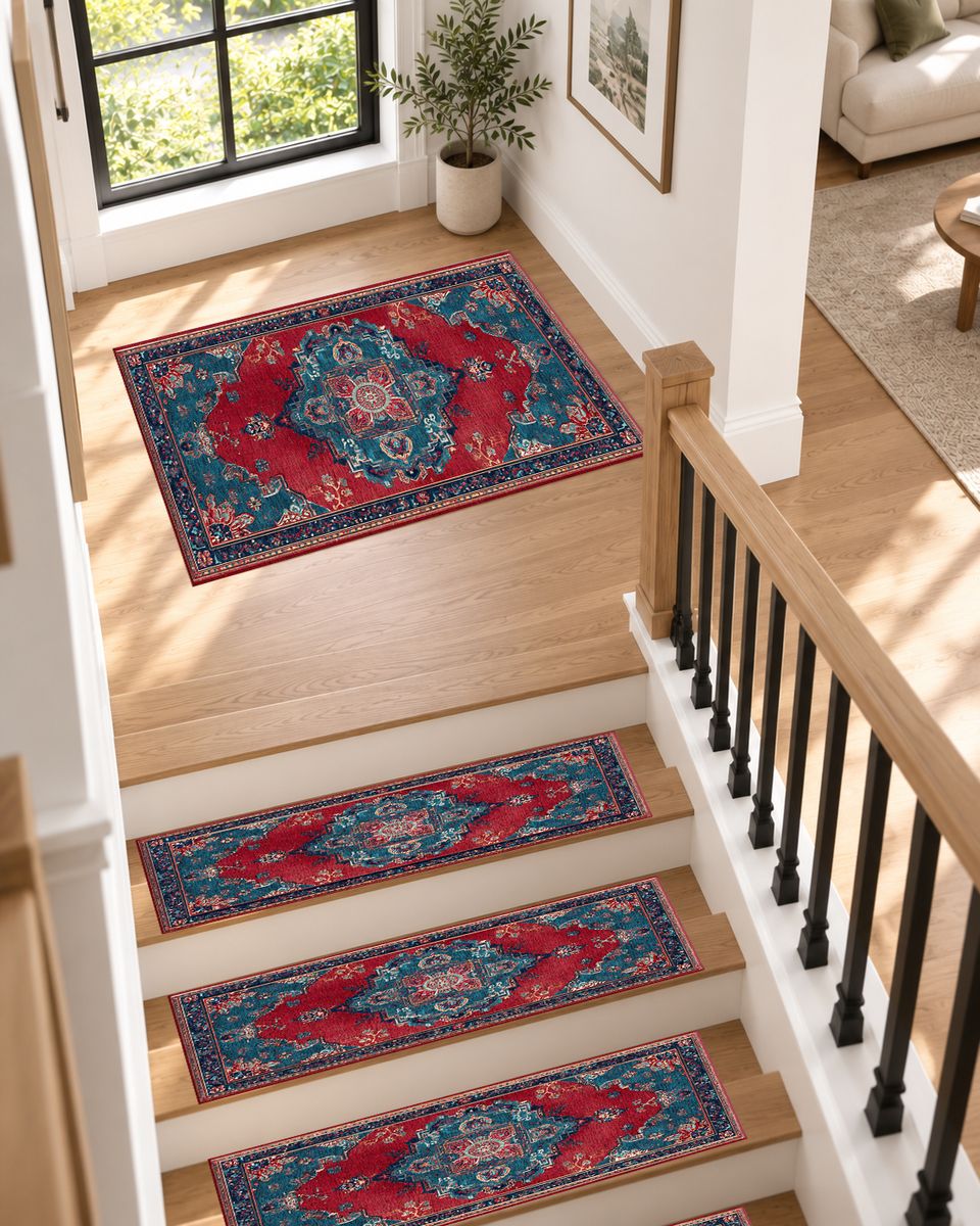 Red and Turquoise Bohemian Medallion non-slip stair mat