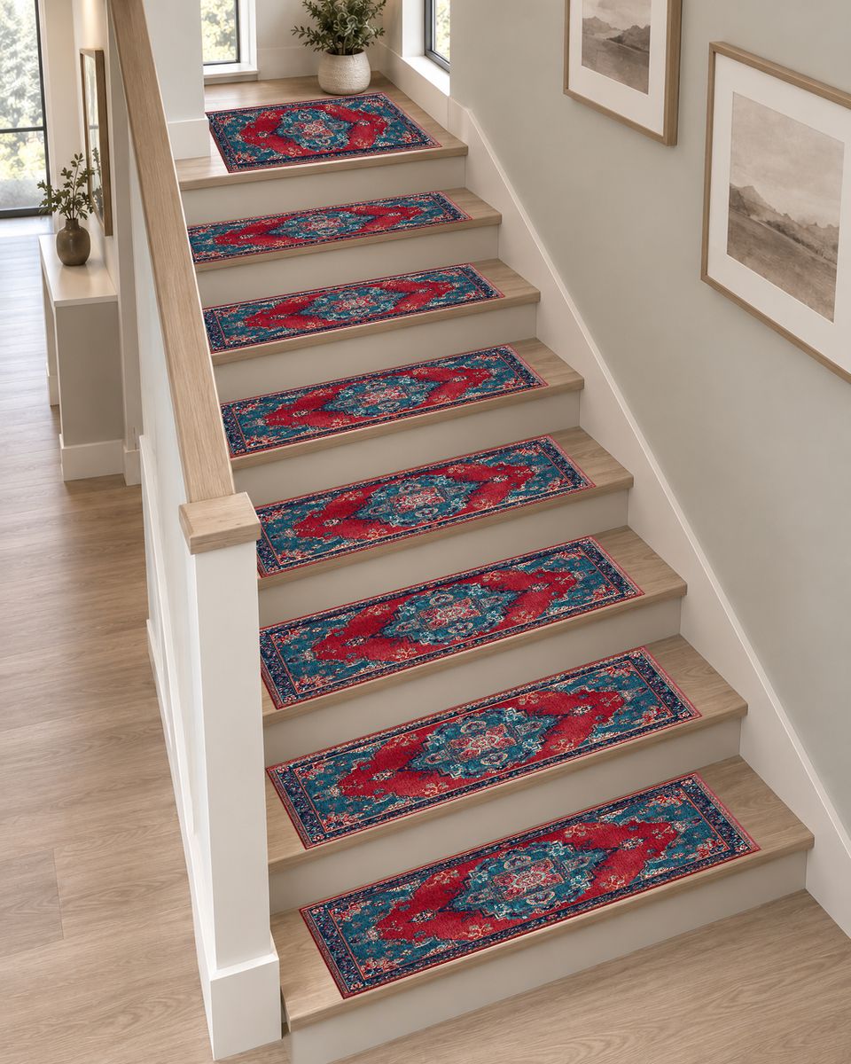 Red and Turquoise Bohemian Medallion non-slip stair mat