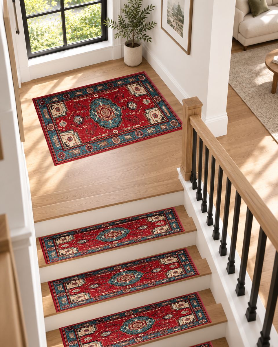 Red Traditional Tribal Medallion non-slip stair mat