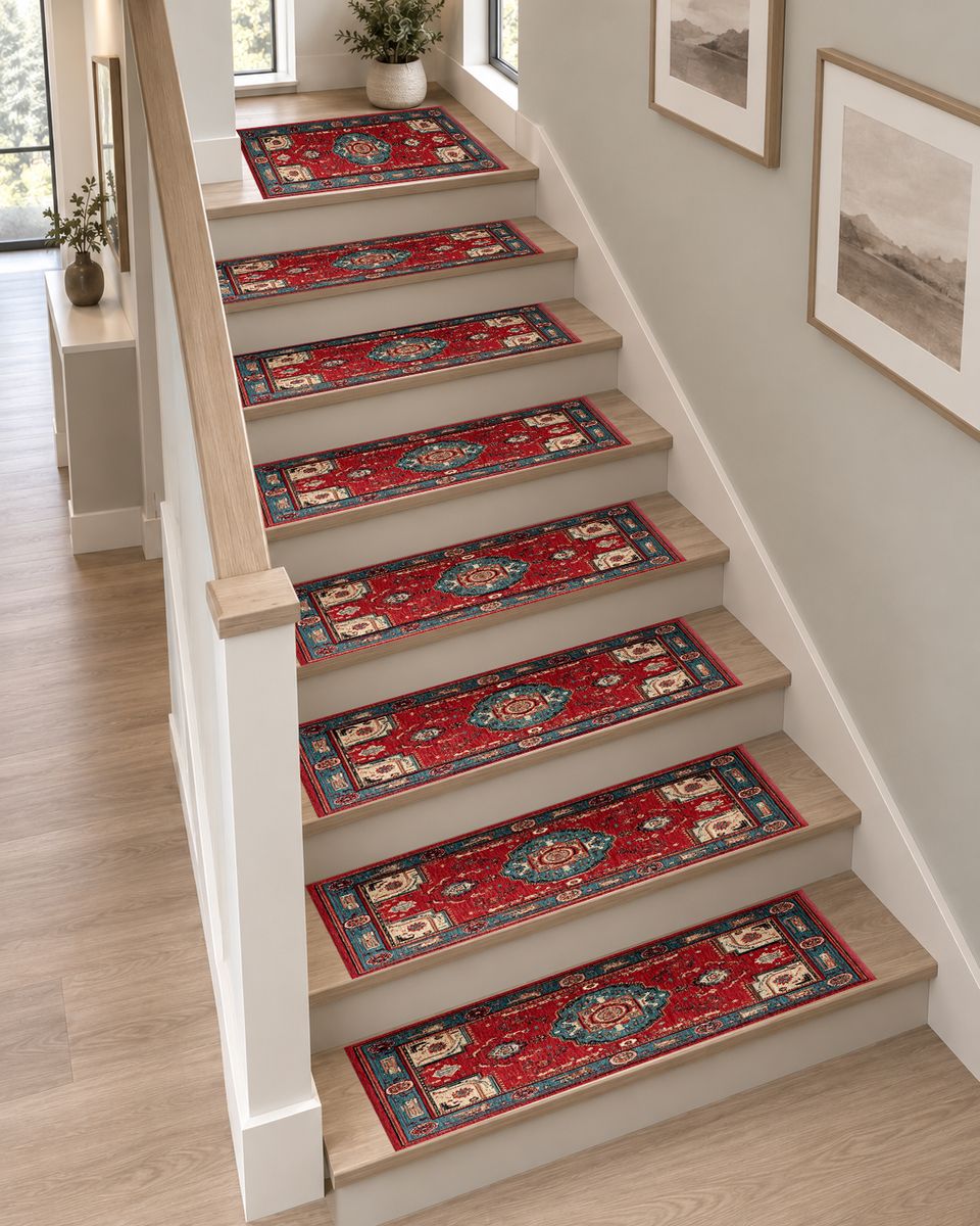 Red Traditional Tribal Medallion non-slip stair mat