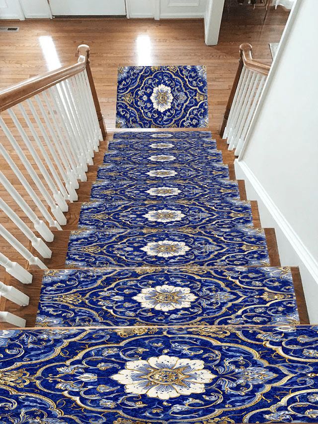 Cobalt Blue and Gold Floral Medallion non-slip stair mat