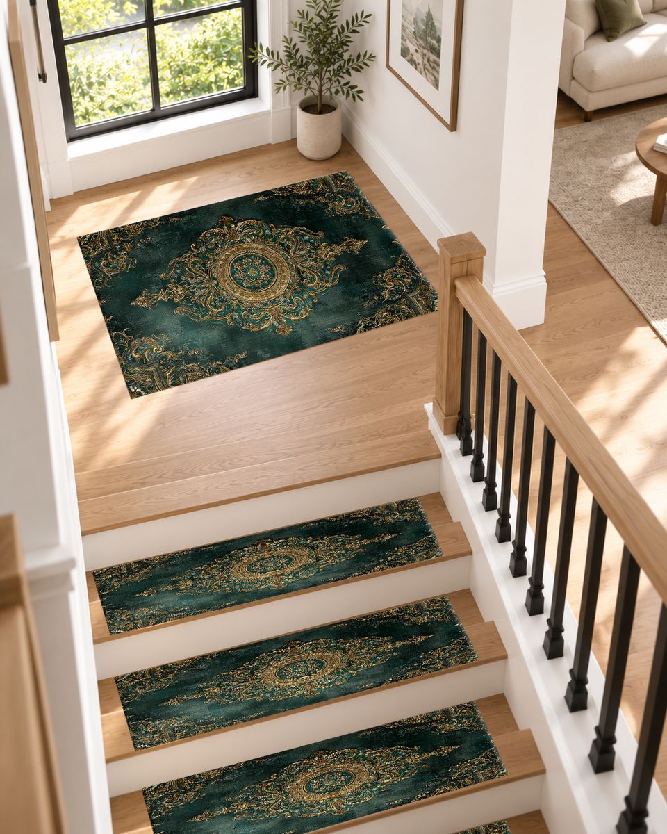 Forest Green and Gold Damask Medallion non-slip stair mat