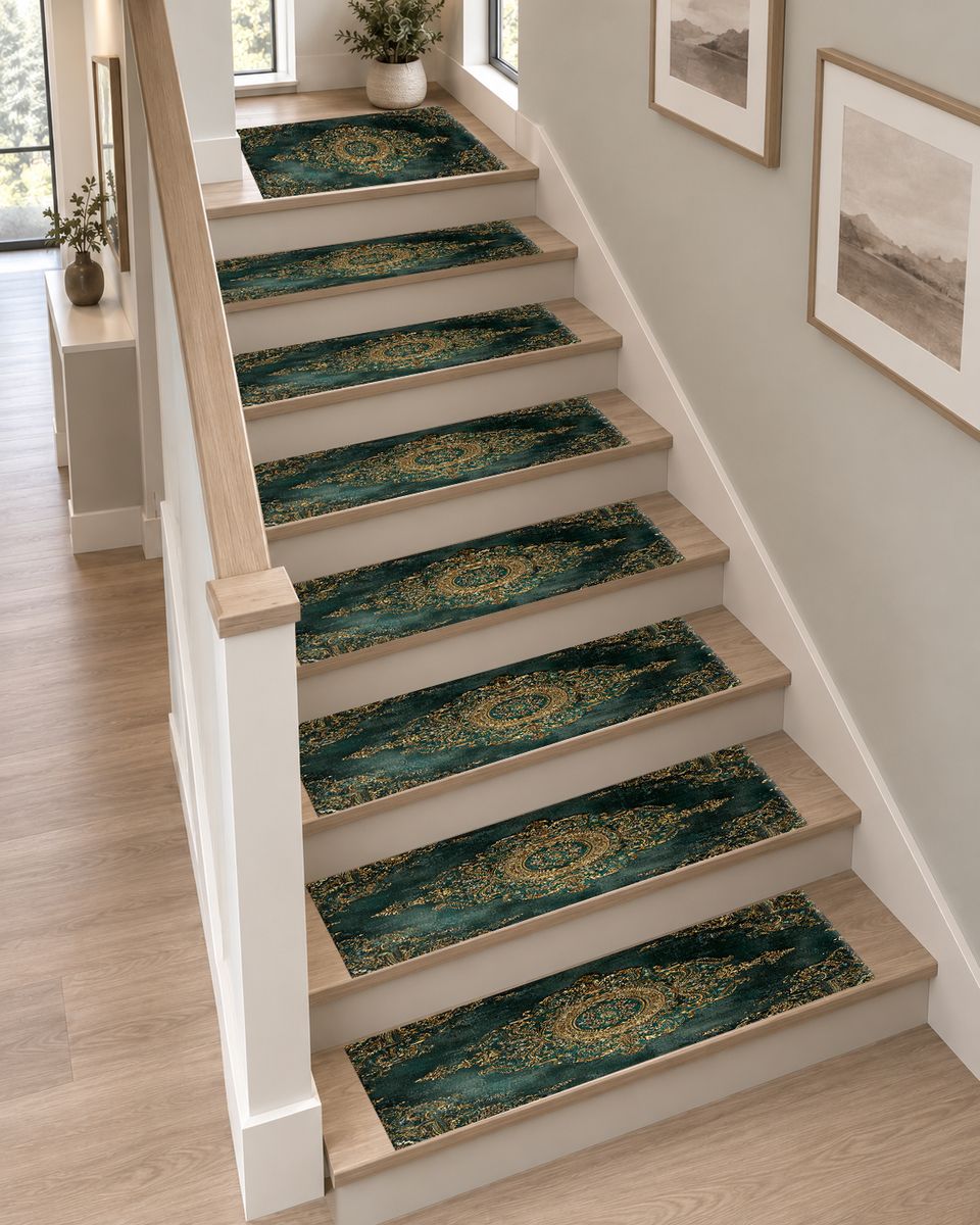 Forest Green and Gold Damask Medallion non-slip stair mat