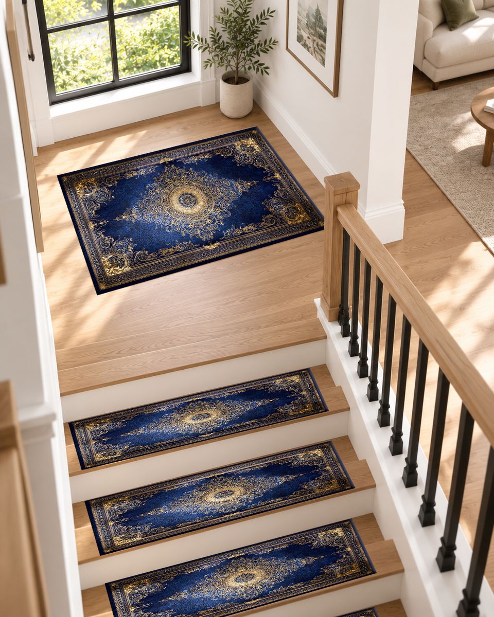 Royal Blue and Gold Luxury Medallion non-slip stair mat