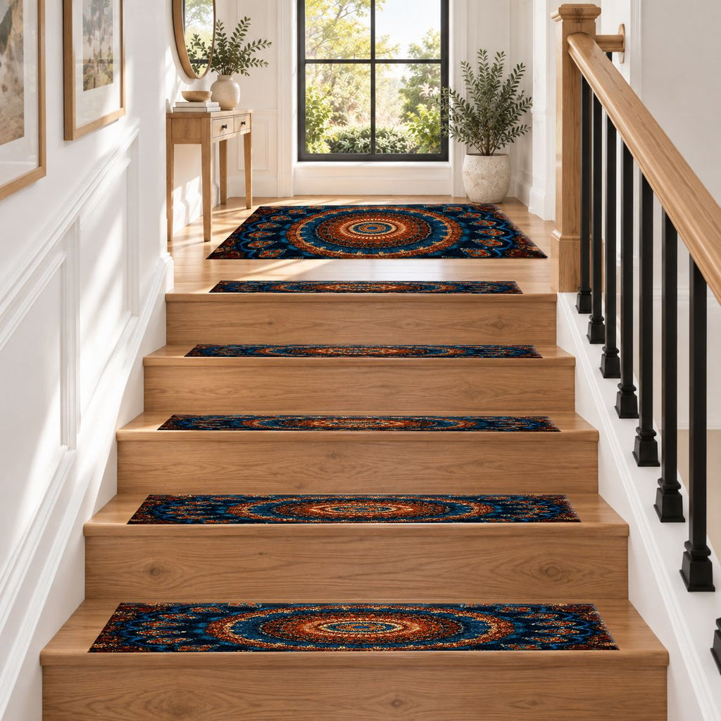 Navy and Orange Boho Mandala non-slip stair mat