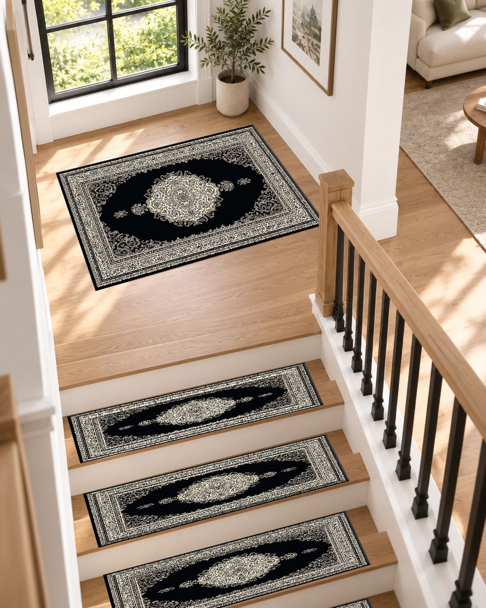 Black and Silver Classic Medallion non-slip stair mat