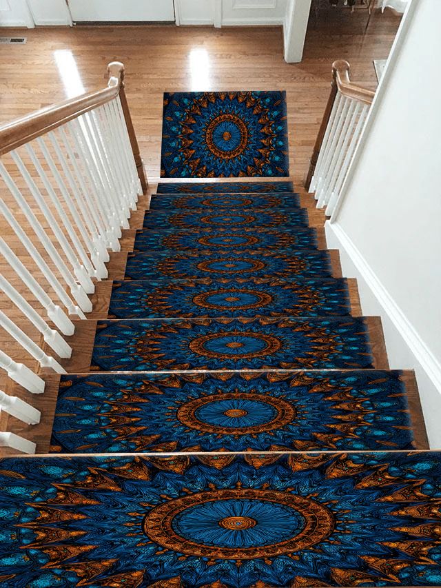 Blue and Copper Starburst Mandala non-slip stair mat