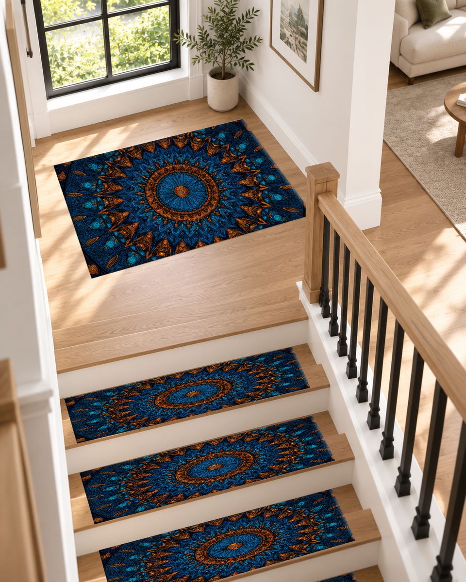 Blue and Copper Starburst Mandala non-slip stair mat