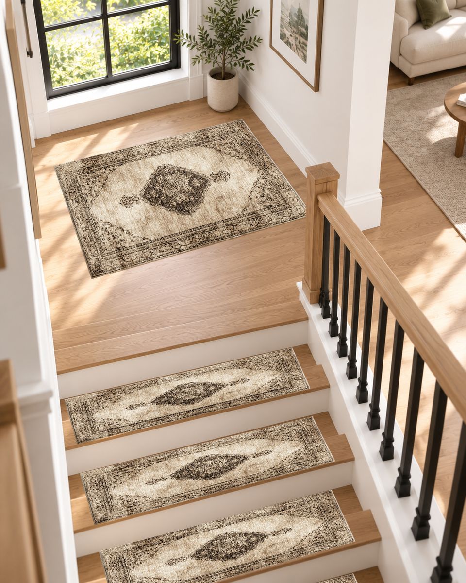 Beige and Brown Faded Vintage Medallion non-slip stair mat