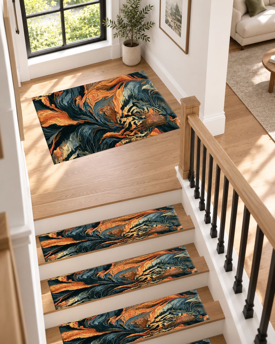 Tiger in Orange Flame Swirls non-slip stair mat