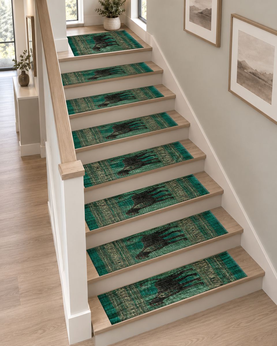 Green Panther Tribal Border non-slip stair mat