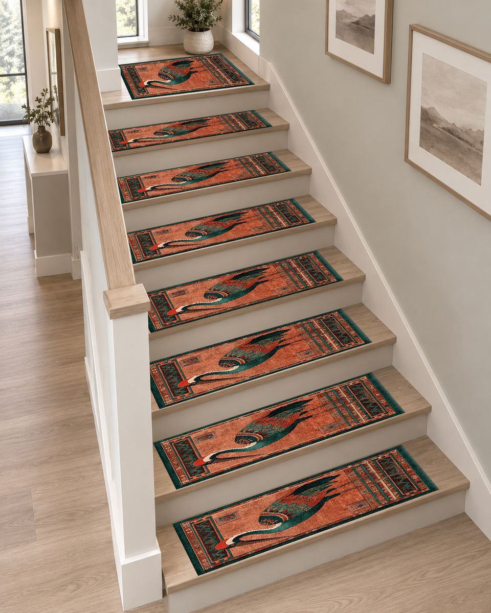 Rust Heron Bird Folk Art non-slip stair mat