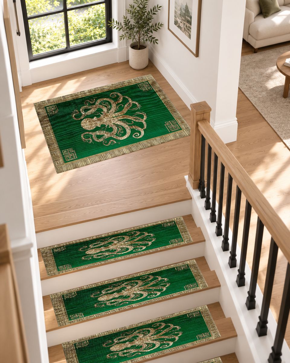 Green and Cream Octopus Border non-slip stair mat