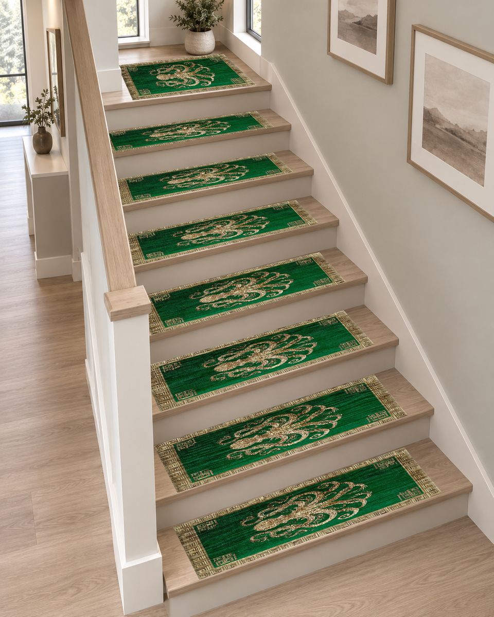 Green and Cream Octopus Border non-slip stair mat