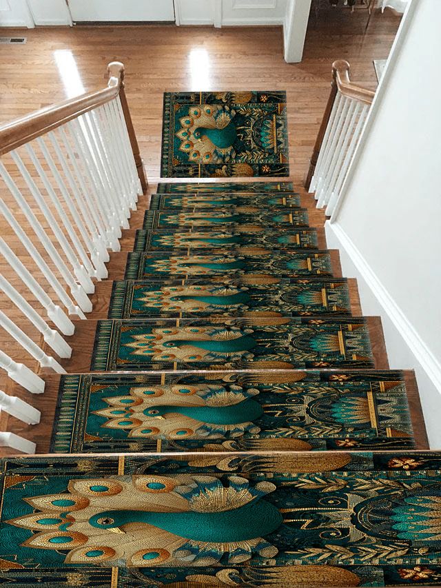 Teal Peacock Art Deco non-slip stair mat