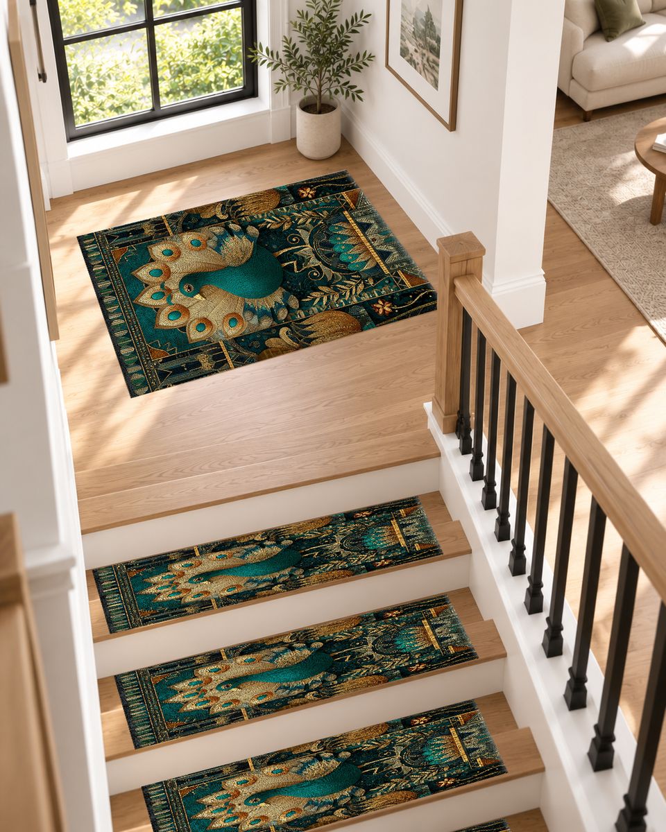 Teal Peacock Art Deco non-slip stair mat