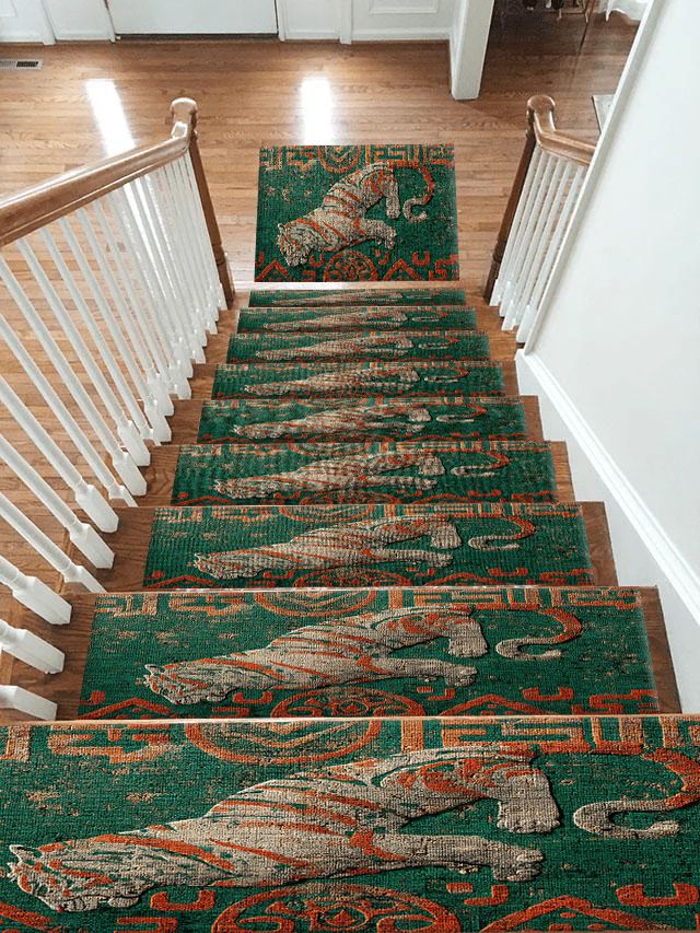Teal Tiger Folk Art non-slip stair mat