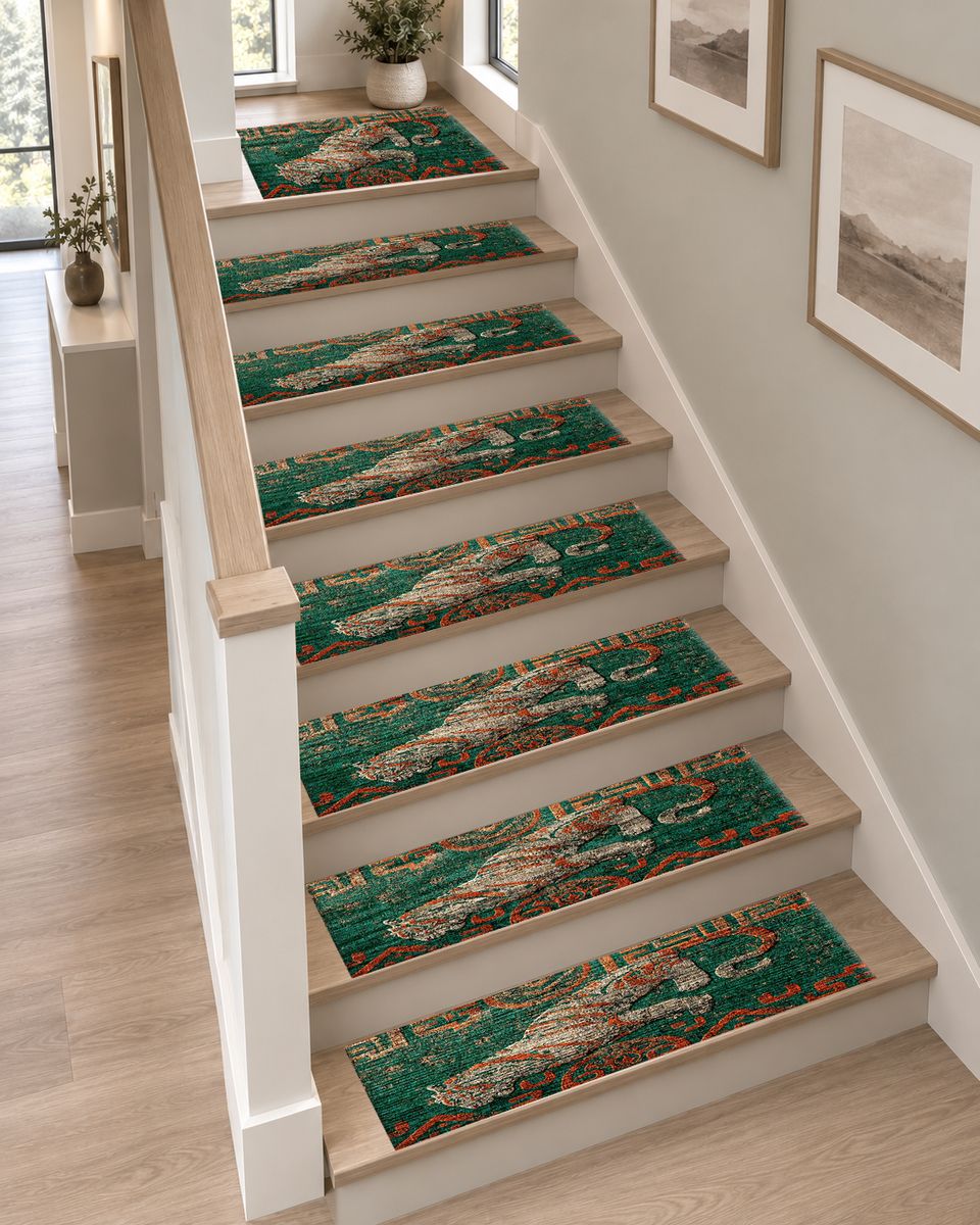 Teal Tiger Folk Art non-slip stair mat