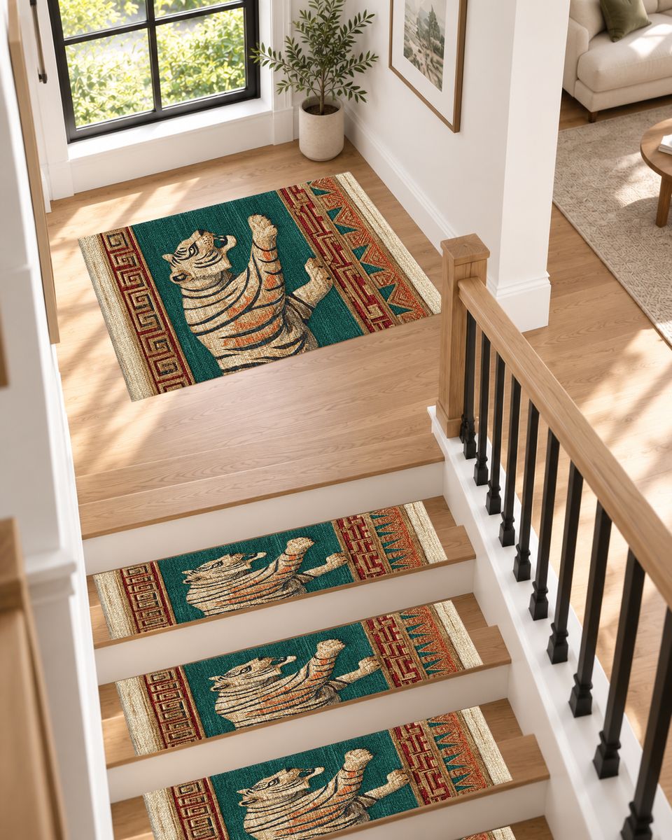 Green Walking Tiger Tribal Border non-slip stair mat