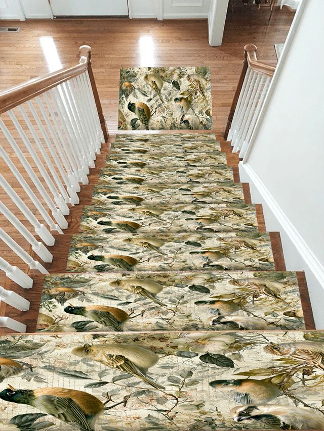 Pale Garden Birds Botanical non-slip stair mat