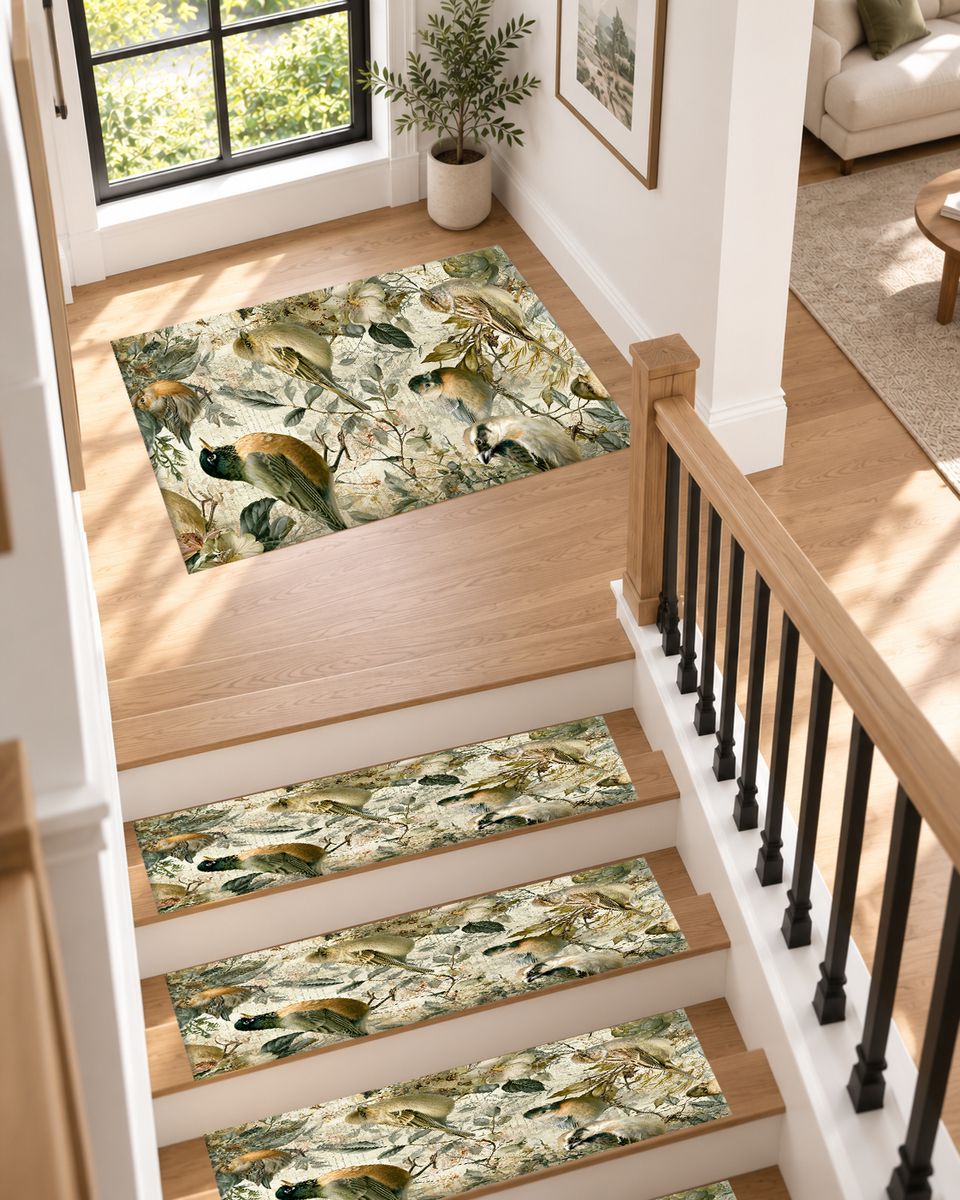 Pale Garden Birds Botanical non-slip stair mat