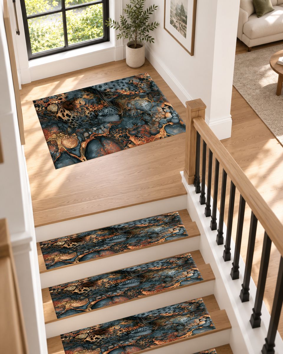 Navy and Copper Abstract Leopard non-slip stair mat