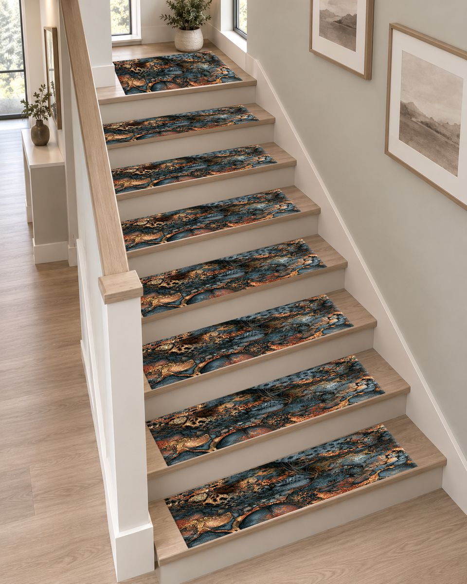 Navy and Copper Abstract Leopard non-slip stair mat