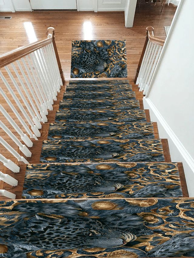 Navy Leopard and Gold Baroque non-slip stair mat
