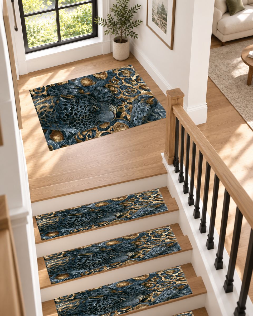 Navy Leopard and Gold Baroque non-slip stair mat