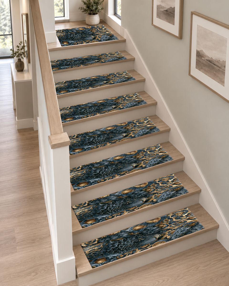 Navy Leopard and Gold Baroque non-slip stair mat