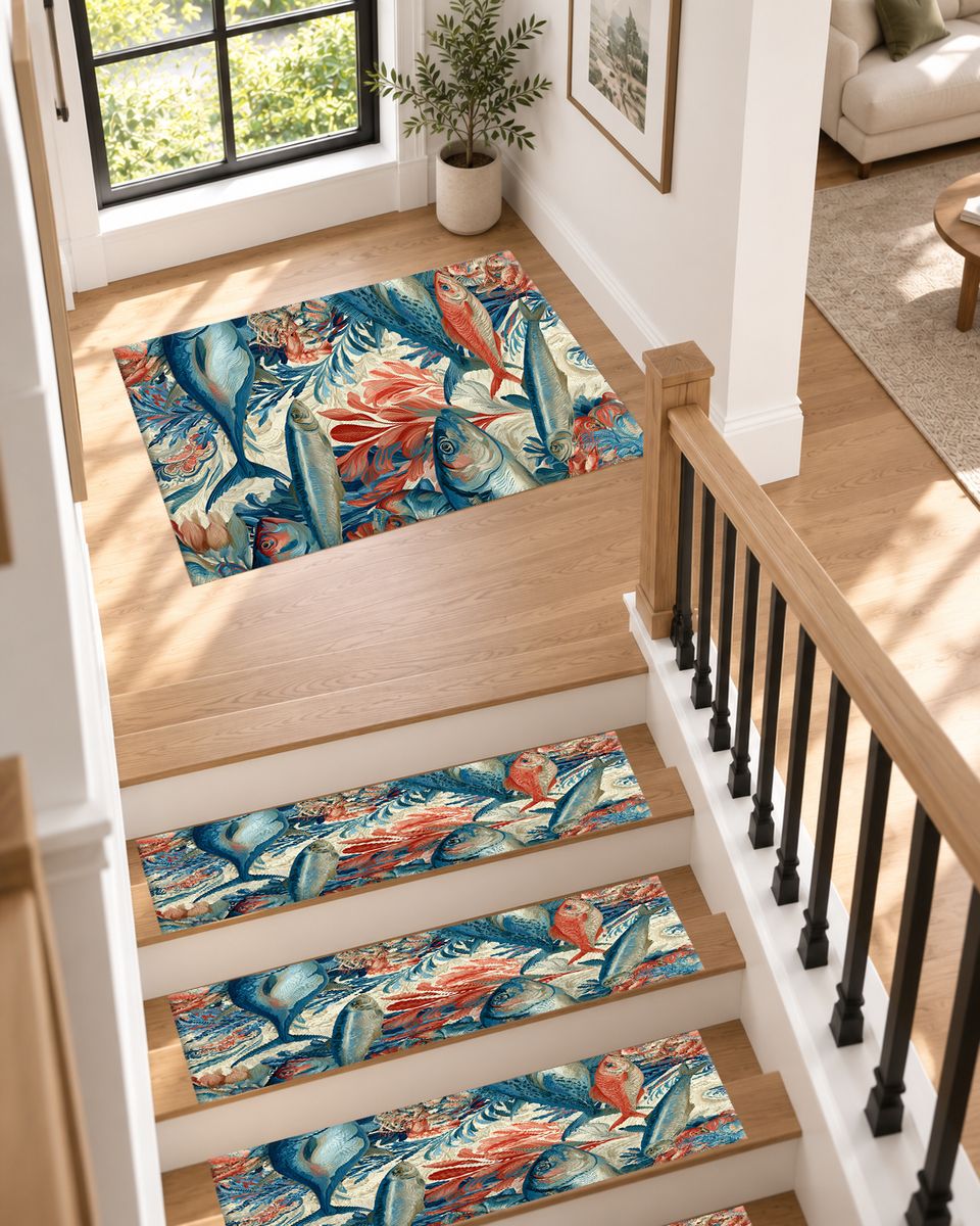 Coral and Blue Fish Pattern non-slip stair mat