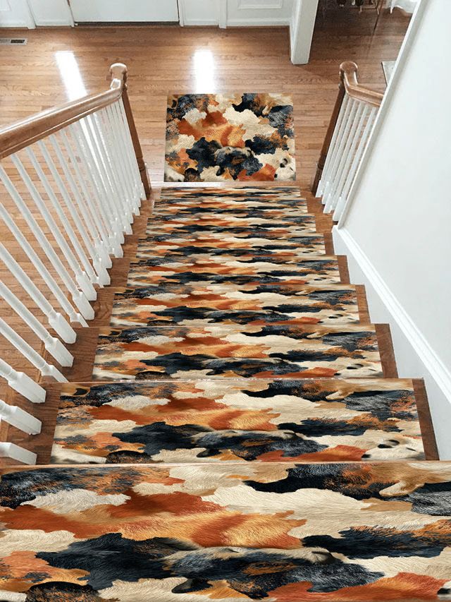 Rust and Cream Abstract Cowhide non-slip stair mat