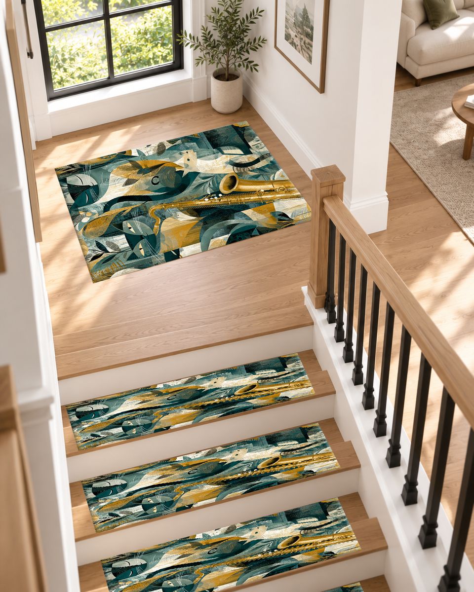 Jazz Saxophone Cat Cubist non-slip stair mat