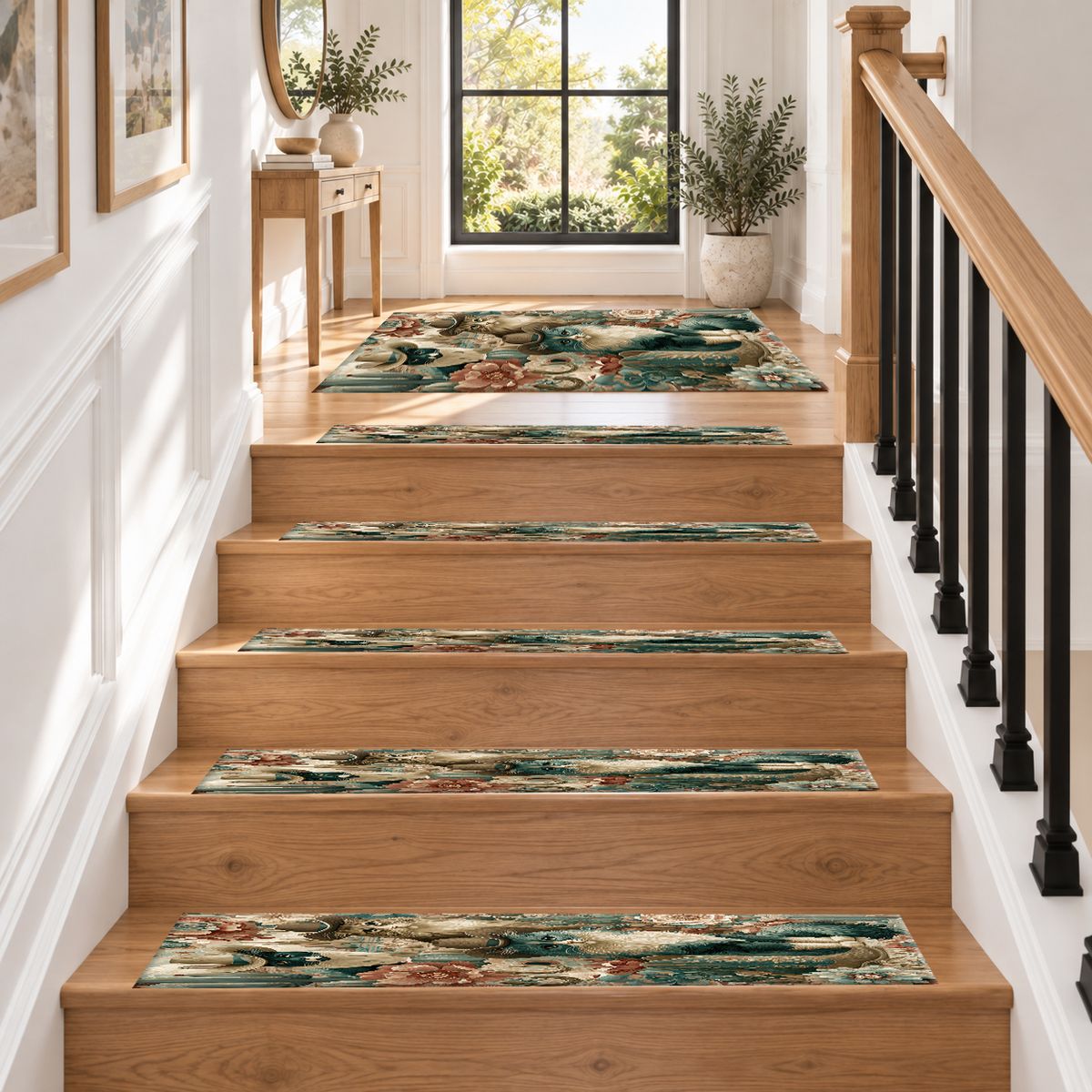 Cowboy Cats Western Floral non-slip stair mat