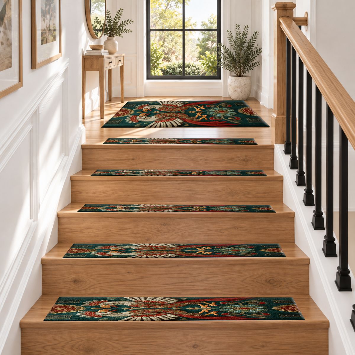 Teal Folk Art Roosters non-slip stair mat