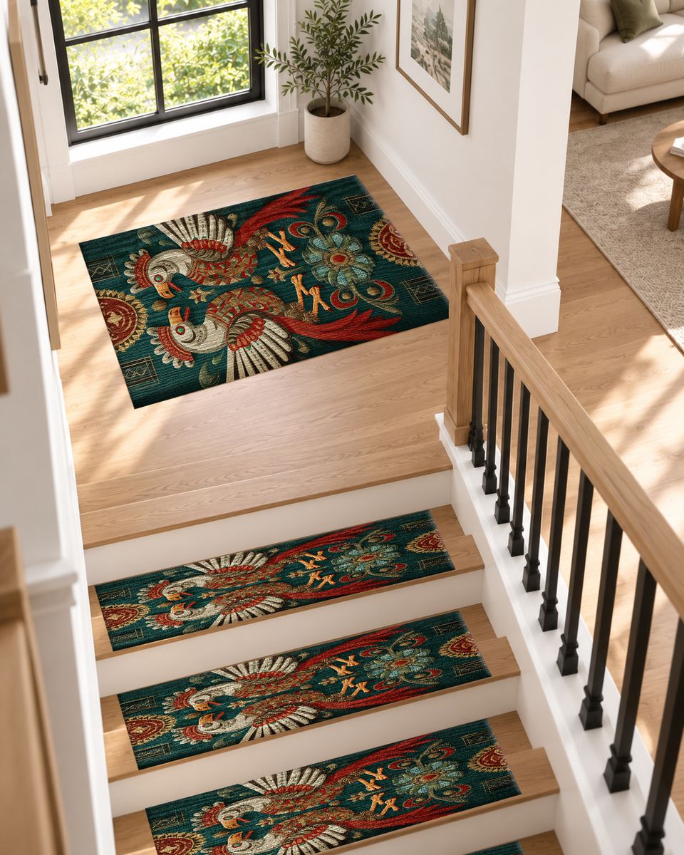 Teal Folk Art Roosters non-slip stair mat