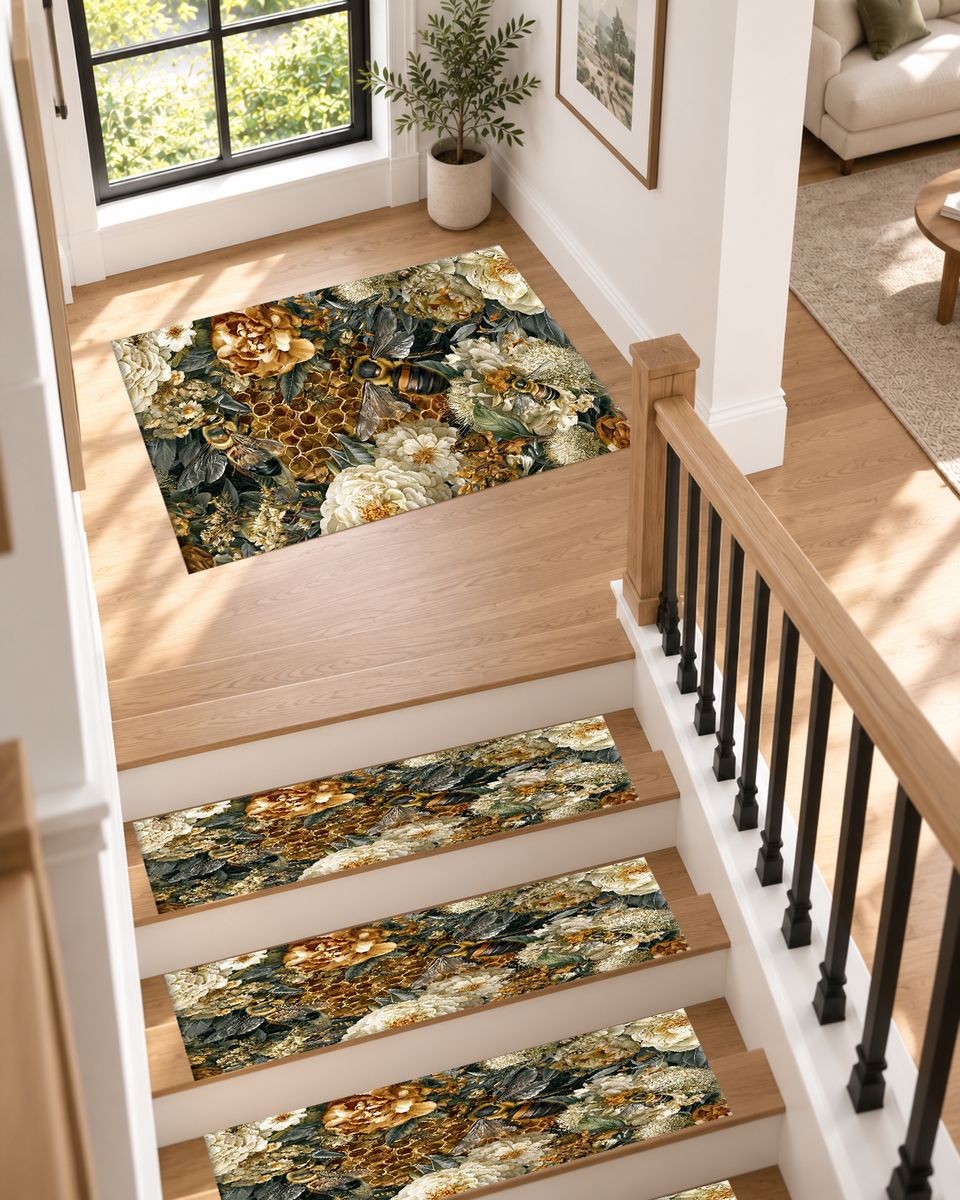 Gold Peony and Honeycomb non-slip stair mat
