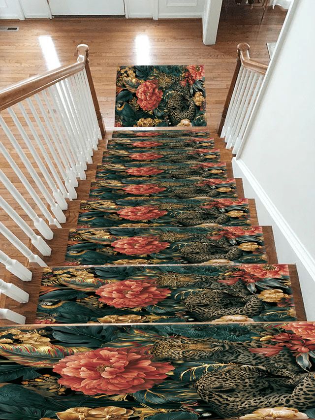 Hidden Leopard Pink Peony Garden non-slip stair mat