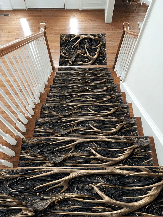Gold Antlers on Black Swirls non-slip stair mat