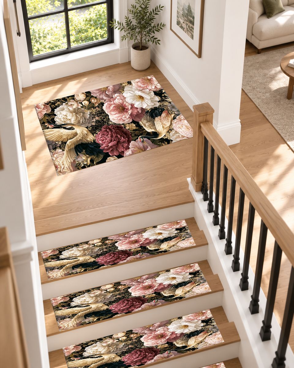 Pink Peony and Heron Floral non-slip stair mat