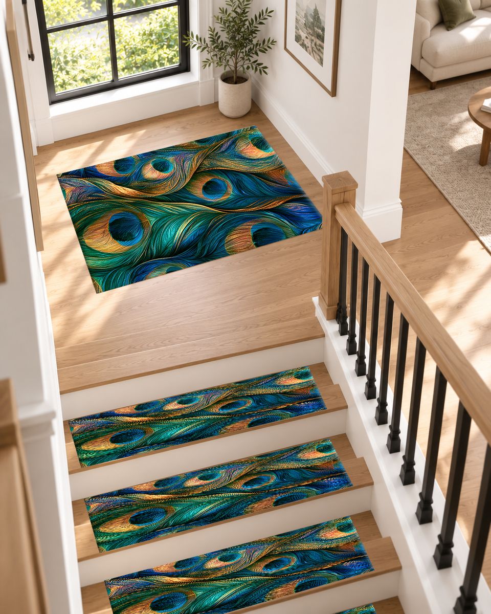Peacock Feathers Jewel Tone non-slip stair mat