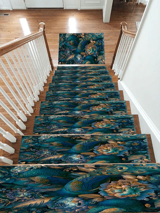 Teal Peacock Floral Garden non-slip stair mat