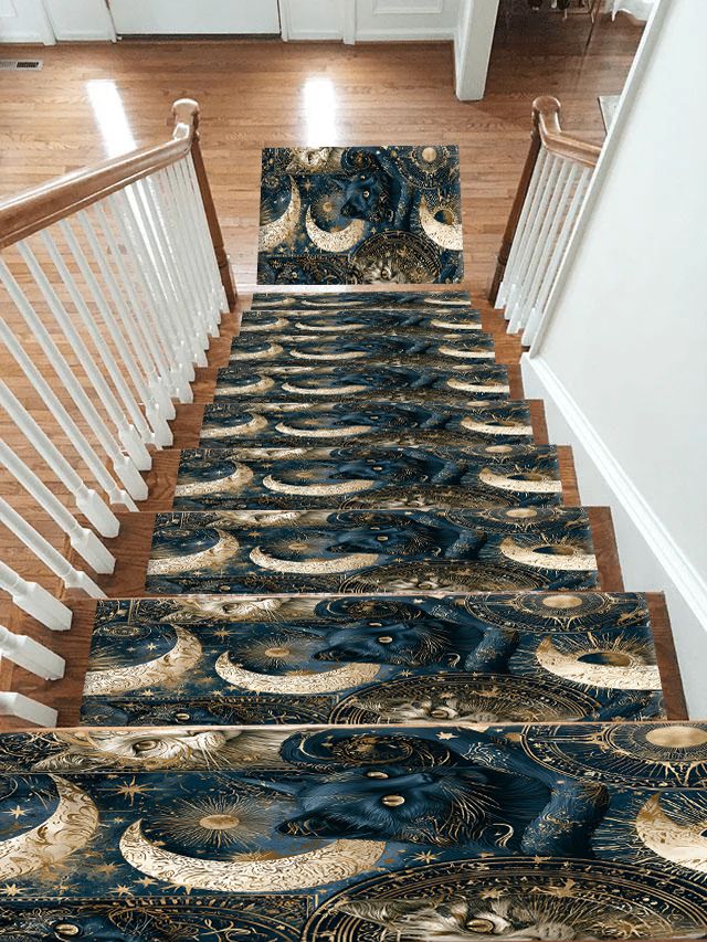 Celestial Black Cat and Moons non-slip stair mat