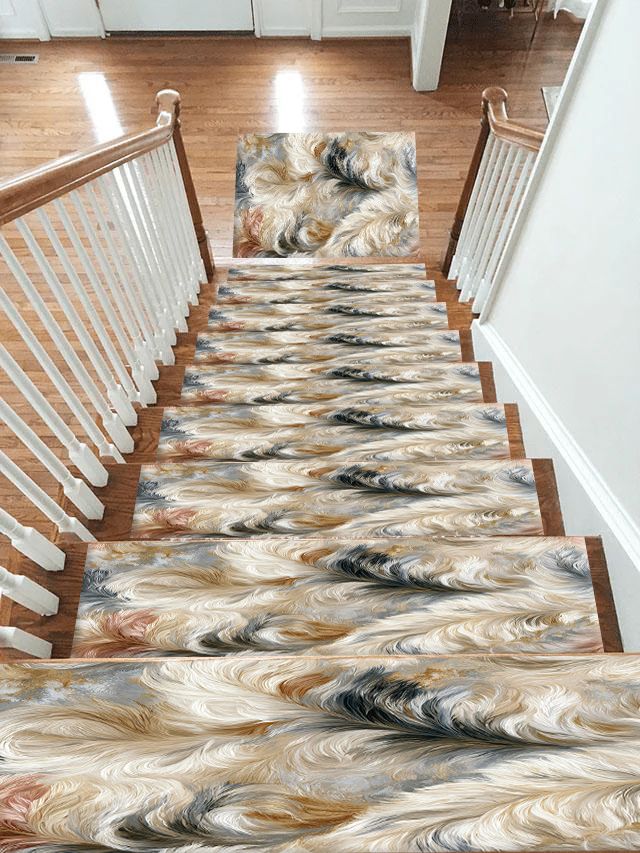 White and Gray Fluffy Fur non-slip stair mat