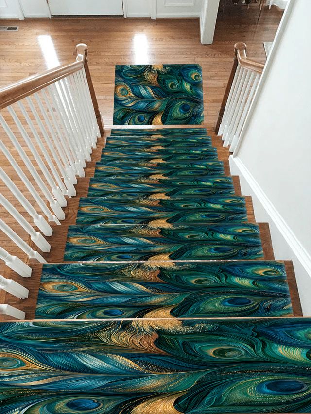 Blue Green Peacock Plume non-slip stair mat